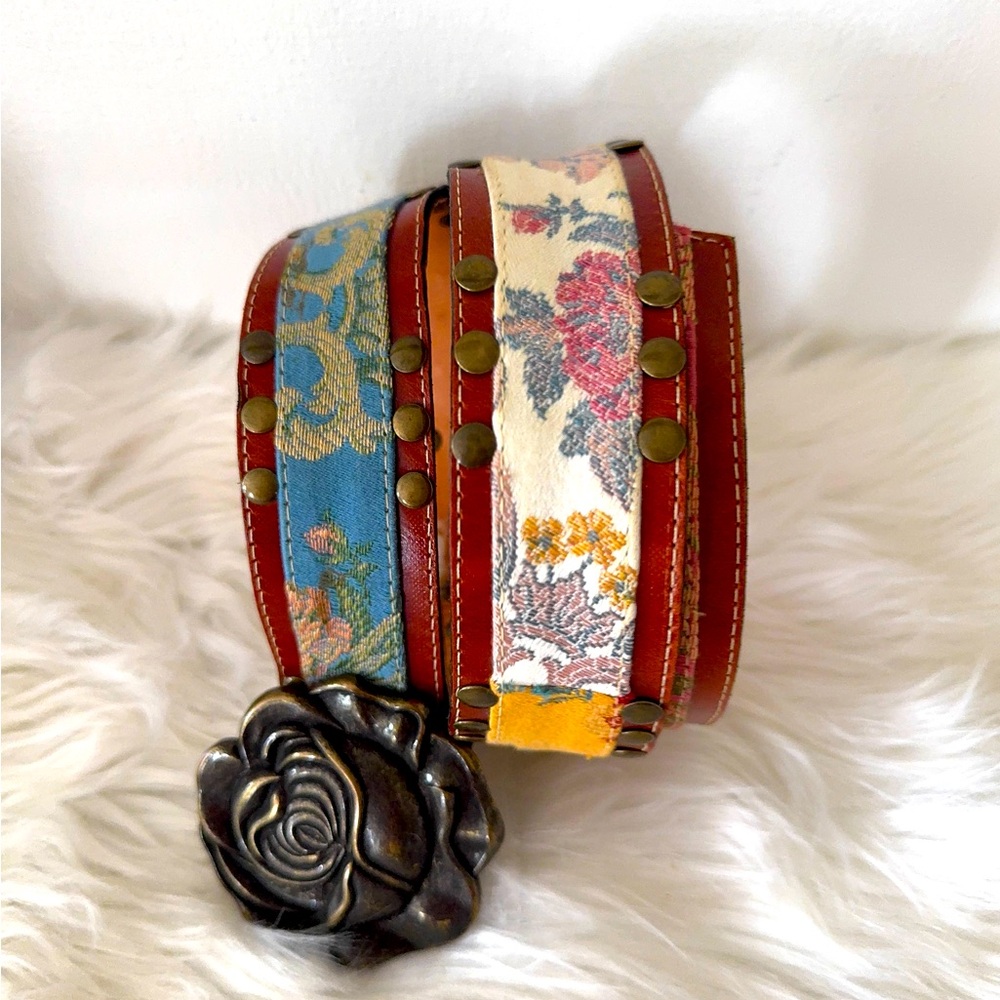 Jocelyn Patchwork Floral Tapestry Belt with Bronze Rose Buckle Small Boho